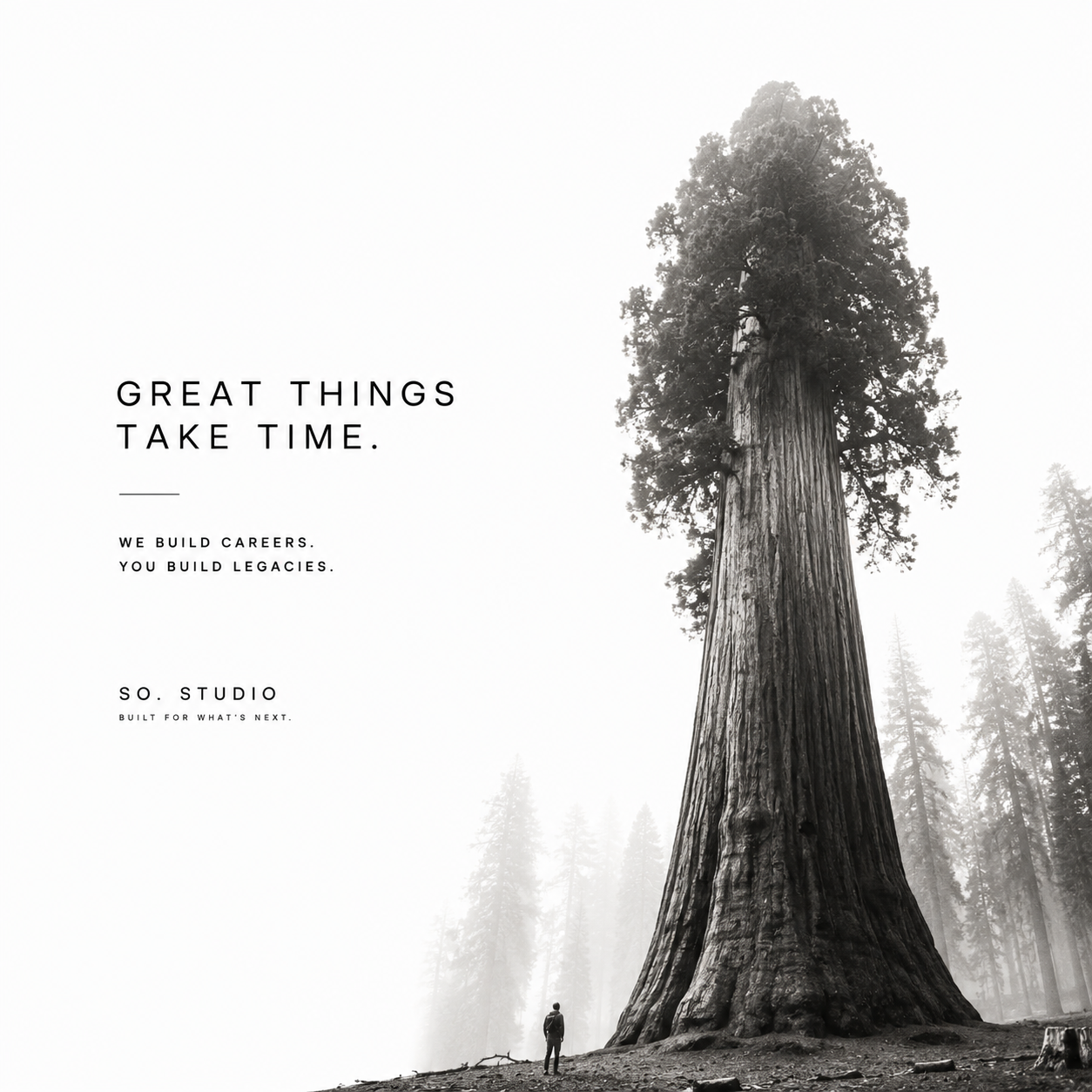 A lone figure standing beneath an ancient sequoia — great things take time