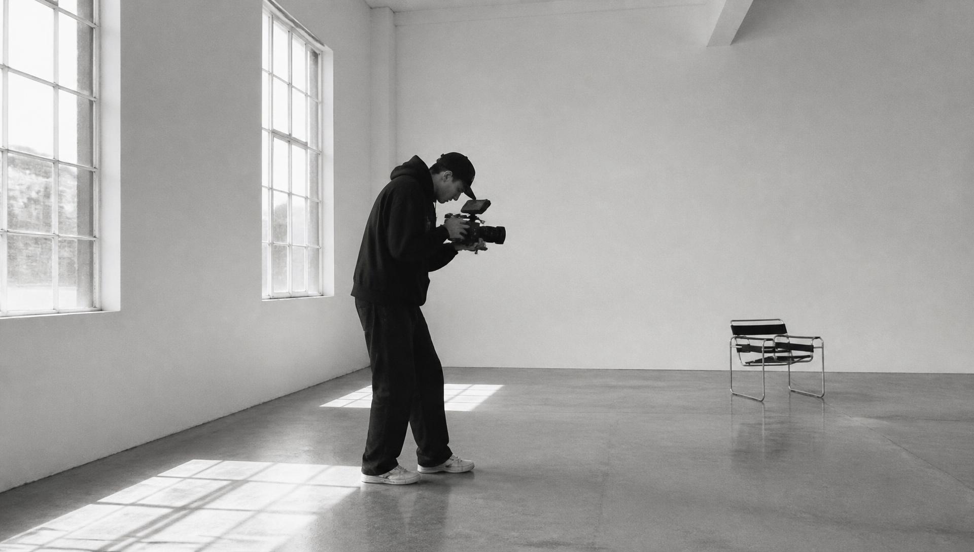 A creator filming in an empty studio